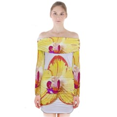 Phalaenopsis Yellow Flower, Floral Oil Painting Art Long Sleeve Off Shoulder Dress by picsaspassion