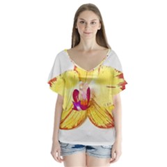 Phalaenopsis Yellow Flower, Floral Oil Painting Art V-neck Flutter Sleeve Top by picsaspassion