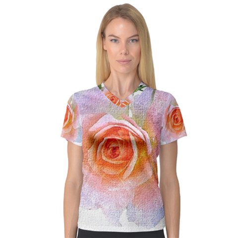 Pink Rose Flower, Floral Oil Painting Art V-neck Sport Mesh Tee by picsaspassion