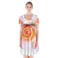Pink Rose Flower, Floral Watercolor Aquarel Painting Art Short Sleeve V-neck Flare Dress