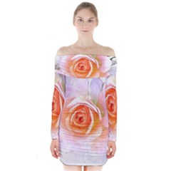 Pink Rose Flower, Floral Watercolor Aquarel Painting Art Long Sleeve Off Shoulder Dress