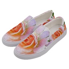 Pink Rose Flower, Floral Watercolor Aquarel Painting Art Men s Canvas Slip Ons by picsaspassion