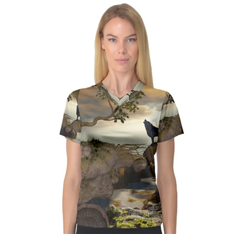 The Lonely Wolf On The Flying Rock V-neck Sport Mesh Tee by FantasyWorld7