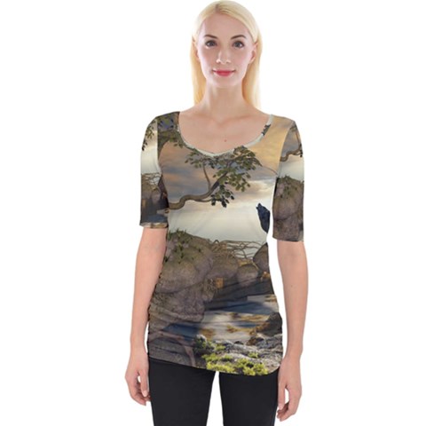 The Lonely Wolf On The Flying Rock Wide Neckline Tee by FantasyWorld7