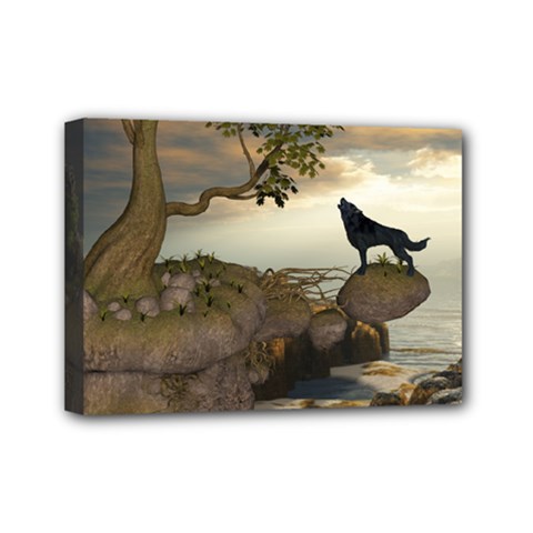 The Lonely Wolf On The Flying Rock Mini Canvas 7  X 5  by FantasyWorld7