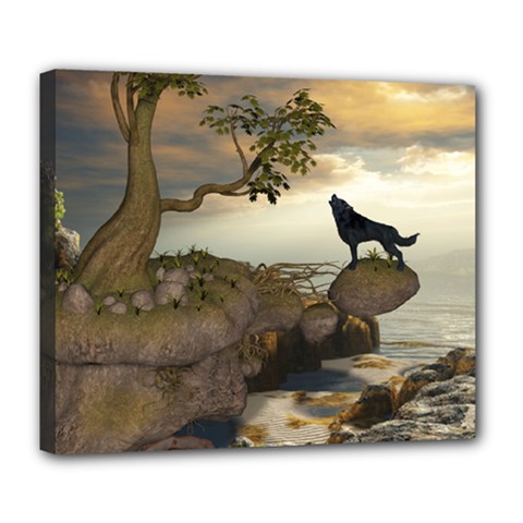 The Lonely Wolf On The Flying Rock Deluxe Canvas 24  X 20   by FantasyWorld7