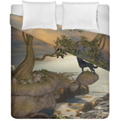 The Lonely Wolf On The Flying Rock Duvet Cover Double Side (california King Size) by FantasyWorld7