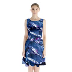 Abstract Acryl Art Sleeveless Waist Tie Chiffon Dress