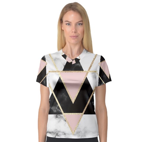 Triangles,gold,black,pink,marbles,collage,modern,trendy,cute,decorative, V-neck Sport Mesh Tee by NouveauDesign