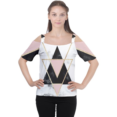 Triangles,gold,black,pink,marbles,collage,modern,trendy,cute,decorative, Cutout Shoulder Tee by NouveauDesign