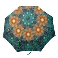 Beautiful Tangerine Orange And Teal Lotus Fractals Folding Umbrellas by jayaprime