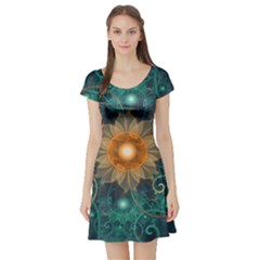 Beautiful Tangerine Orange And Teal Lotus Fractals Short Sleeve Skater Dress by jayaprime