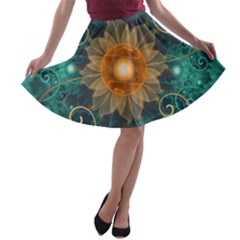 Beautiful Tangerine Orange And Teal Lotus Fractals A-line Skater Skirt by jayaprime