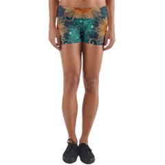 Beautiful Tangerine Orange And Teal Lotus Fractals Yoga Shorts by jayaprime