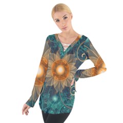 Beautiful Tangerine Orange And Teal Lotus Fractals Tie Up Tee by jayaprime