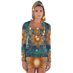 Beautiful Tangerine Orange And Teal Lotus Fractals Long Sleeve Hooded T-shirt by jayaprime