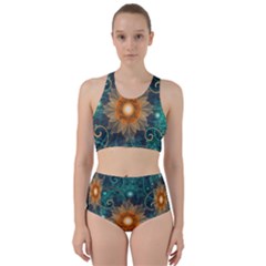 Beautiful Tangerine Orange And Teal Lotus Fractals Racer Back Bikini Set by jayaprime