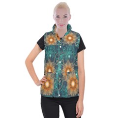 Beautiful Tangerine Orange And Teal Lotus Fractals Women s Button Up Puffer Vest by jayaprime