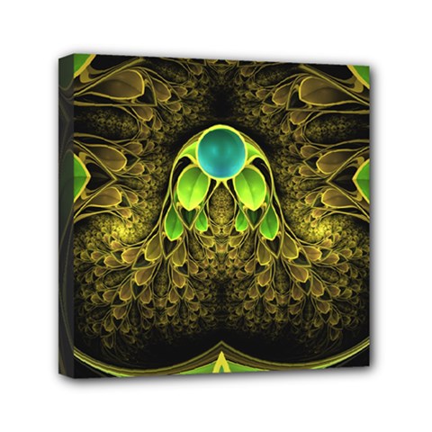 Beautiful Gold And Green Fractal Peacock Feathers Mini Canvas 6  X 6  by jayaprime