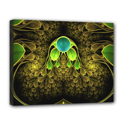 Beautiful Gold And Green Fractal Peacock Feathers Canvas 14  X 11  by jayaprime