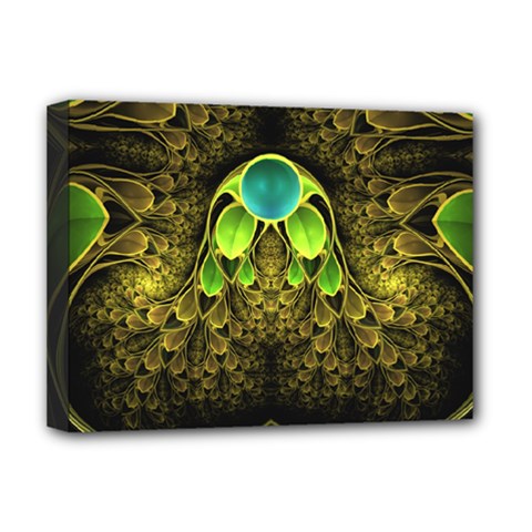 Beautiful Gold And Green Fractal Peacock Feathers Deluxe Canvas 16  X 12   by jayaprime