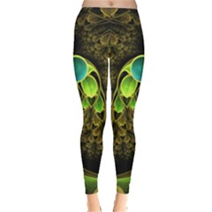 Beautiful Gold And Green Fractal Peacock Feathers Leggings  by jayaprime