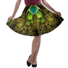 Beautiful Gold And Green Fractal Peacock Feathers A-line Skater Skirt by jayaprime