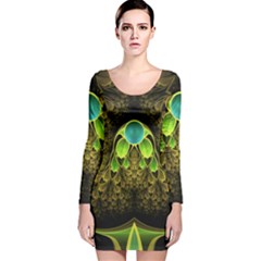 Beautiful Gold And Green Fractal Peacock Feathers Long Sleeve Velvet Bodycon Dress by jayaprime