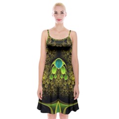 Beautiful Gold And Green Fractal Peacock Feathers Spaghetti Strap Velvet Dress by jayaprime