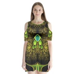 Beautiful Gold And Green Fractal Peacock Feathers Shoulder Cutout Velvet One Piece by jayaprime