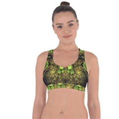 Beautiful Gold And Green Fractal Peacock Feathers Cross String Back Sports Bra by jayaprime