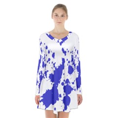 Blue Plaint Splatter Long Sleeve Velvet V-neck Dress by Mariart
