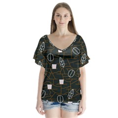 Espresso Cofee Glass Line Chevron V-Neck Flutter Sleeve Top