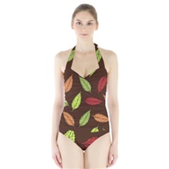 Autumn Leaves Pattern Halter Swimsuit