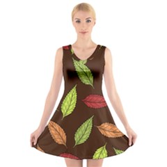 Autumn Leaves Pattern V-Neck Sleeveless Skater Dress