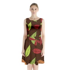 Autumn Leaves Pattern Sleeveless Waist Tie Chiffon Dress