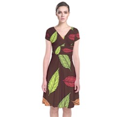 Autumn Leaves Pattern Short Sleeve Front Wrap Dress