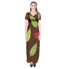 Autumn Leaves Pattern Short Sleeve Maxi Dress