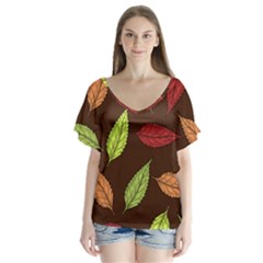 Autumn Leaves Pattern V-Neck Flutter Sleeve Top