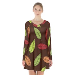 Autumn Leaves Pattern Long Sleeve Velvet V-neck Dress