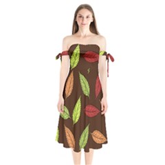 Autumn Leaves Pattern Shoulder Tie Bardot Midi Dress