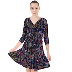 Features Illustration Quarter Sleeve Front Wrap Dress	