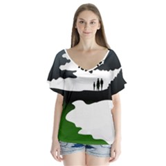 Landscape Silhouette Clipart Kid Abstract Family Natural Green White V-neck Flutter Sleeve Top