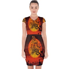 Helloween Midnight Graveyard Silhouette Capsleeve Drawstring Dress 