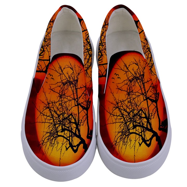 Helloween Midnight Graveyard Silhouette Kids  Canvas Slip Ons