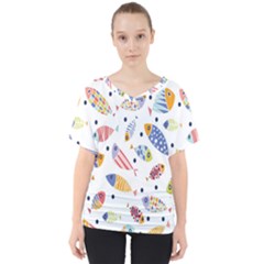 Love Fish Seaworld Swim Blue White Sea Water Cartoons Rainbow V-neck Dolman Drape Top by Mariart