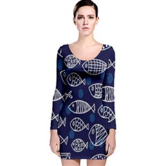 Love Fish Seaworld Swim Blue White Sea Water Cartoons Long Sleeve Velvet Bodycon Dress