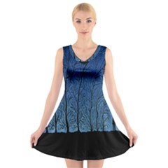 Forest Tree Night Blue Black Man V-neck Sleeveless Skater Dress by Mariart