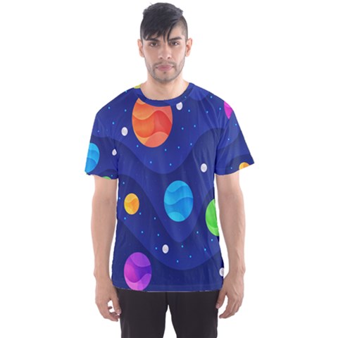 Planet Space Moon Galaxy Sky Blue Polka Men s Sports Mesh Tee by Mariart