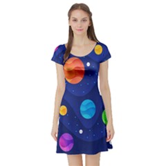 Planet Space Moon Galaxy Sky Blue Polka Short Sleeve Skater Dress